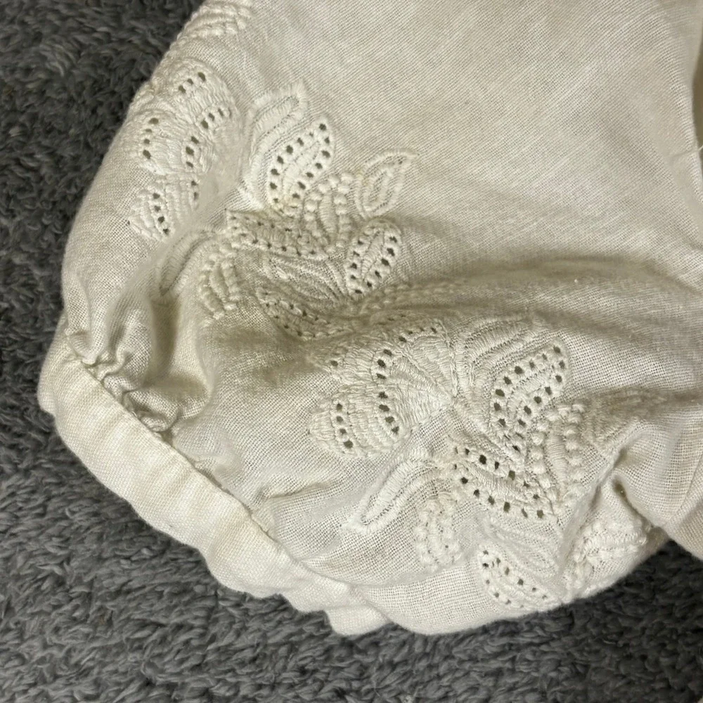 Zara White Eyelet Embroidered Linen Blend Puff Sleeve Crop Top Small